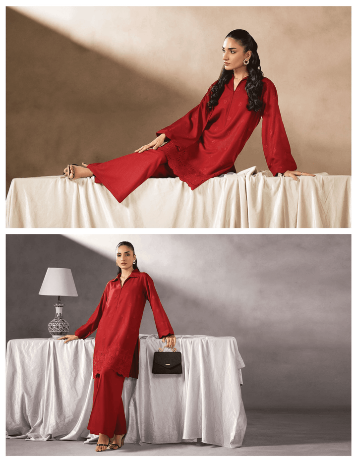 Model in RANGREZA EA-48-3803 red Dhanak kurta set posing seated and standing, showcasing embroidered details. Perfect Pakistani two piece dress.