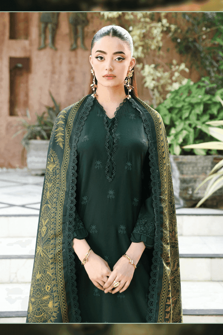 Close-up of rangreza AL-1130 green chikankari shirt with scalloped sleeves and printed wool shawl draped over shoulders.