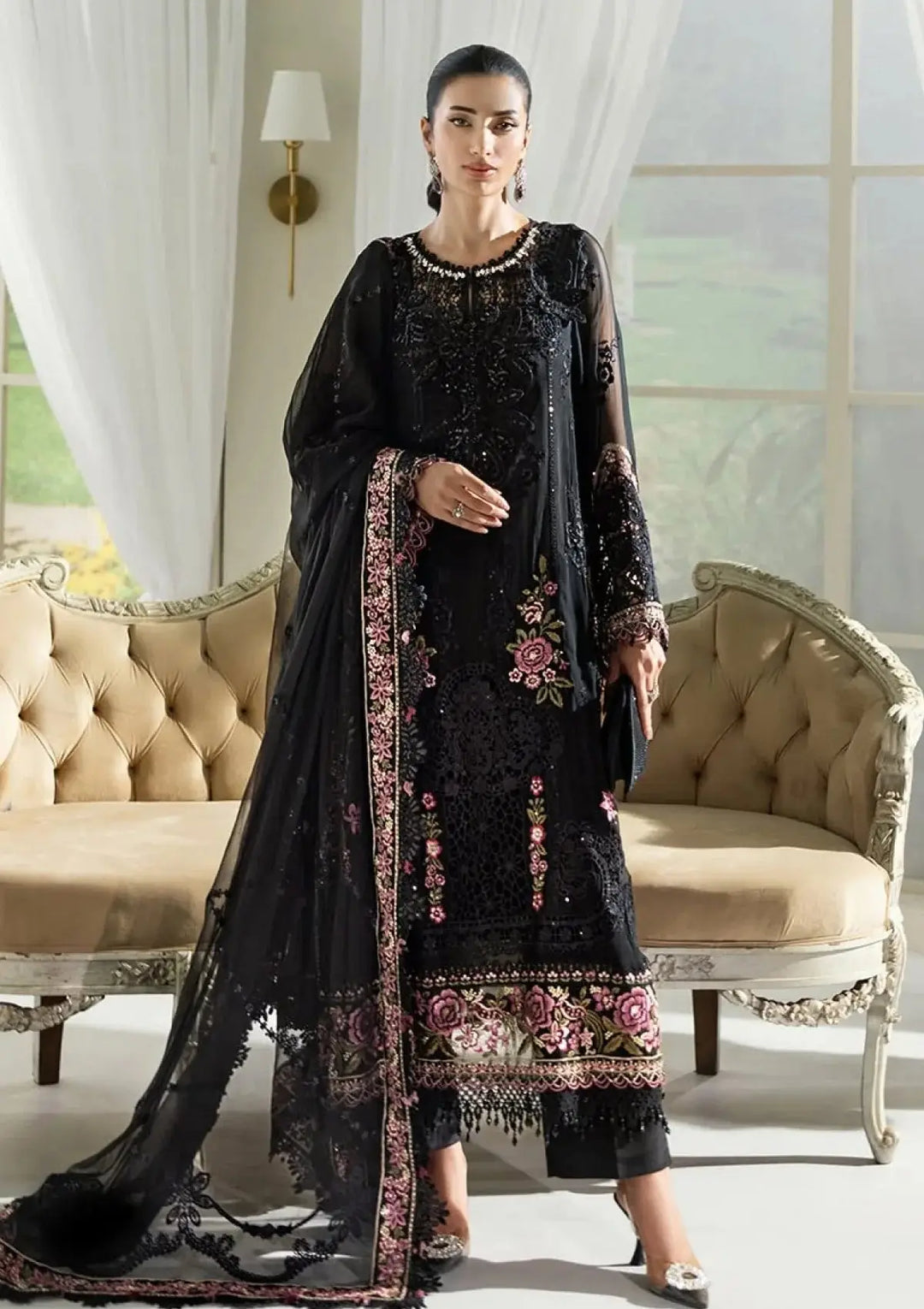 RANGREZA | AL-4359 - Pakistani BRANDS Clothing | 3 Piece Set featuring a black embroidered chiffon shirt, satin trousers, and dupatta.