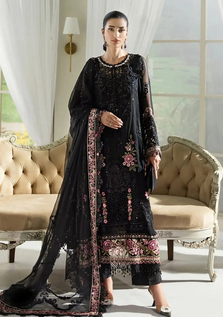 RANGREZA | AL-4359 - Pakistani BRANDS Clothing | 3 Piece Set featuring a black embroidered chiffon shirt, satin trousers, and dupatta.