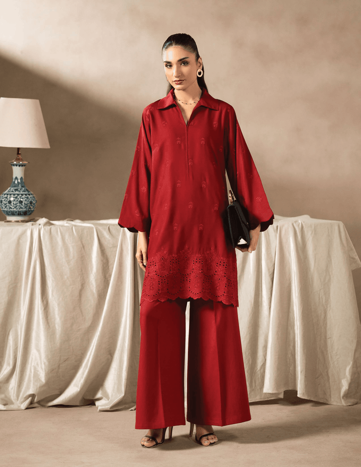 Full front view of RANGREZA EA-48-3803 red embroidered kurta and wide-leg pants. Shop premium Pakistani two piece dresses in Dhanak fabric.