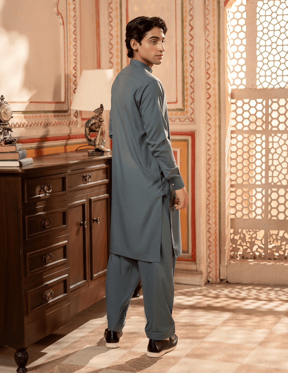 Back view of RANGREZA MA-94 pakistani shalwar kameez for men, showcasing the comfortable fabric and traditional straight-cut design.