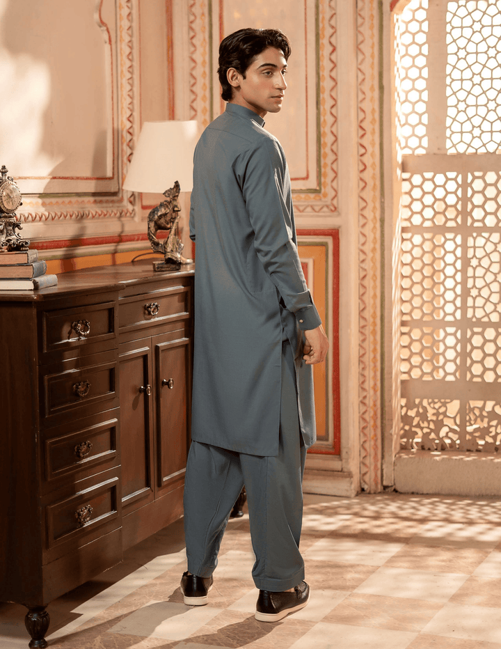Back view of RANGREZA MA-94 pakistani shalwar kameez for men, showcasing the comfortable fabric and traditional straight-cut design.