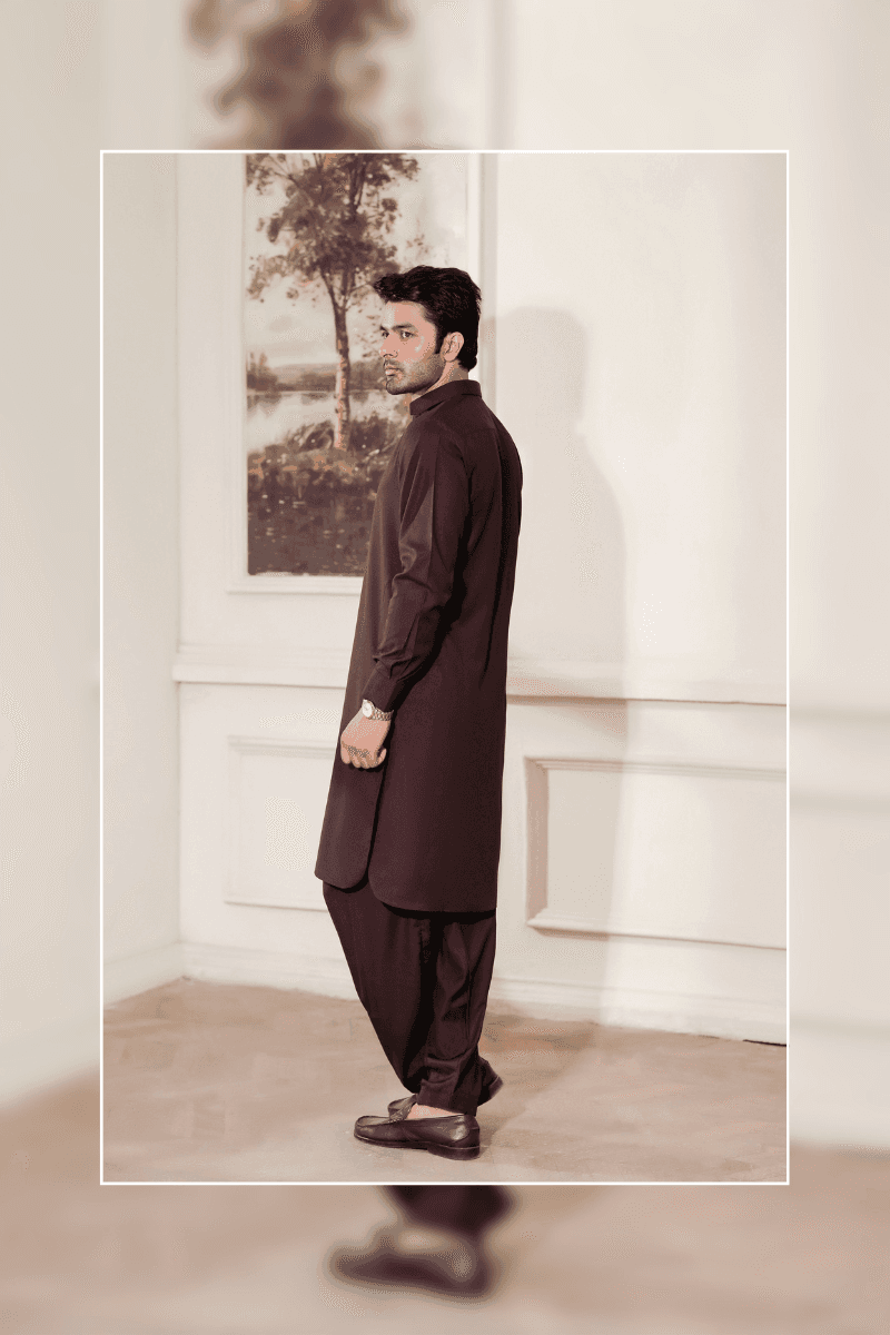 Back view of EXCLUSIVE KAMEEZ SHALWAR - Maroon MA-106 showcasing full-length traditional design in Wash N Wear fabric for men’s ethnic wear.