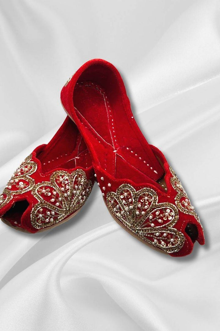 Naz Red Jutti - Velvet Peep-Toe Khussa with scalloped gold embroidery and pearl detailing, ideal for weddings and festive ethnic wear.