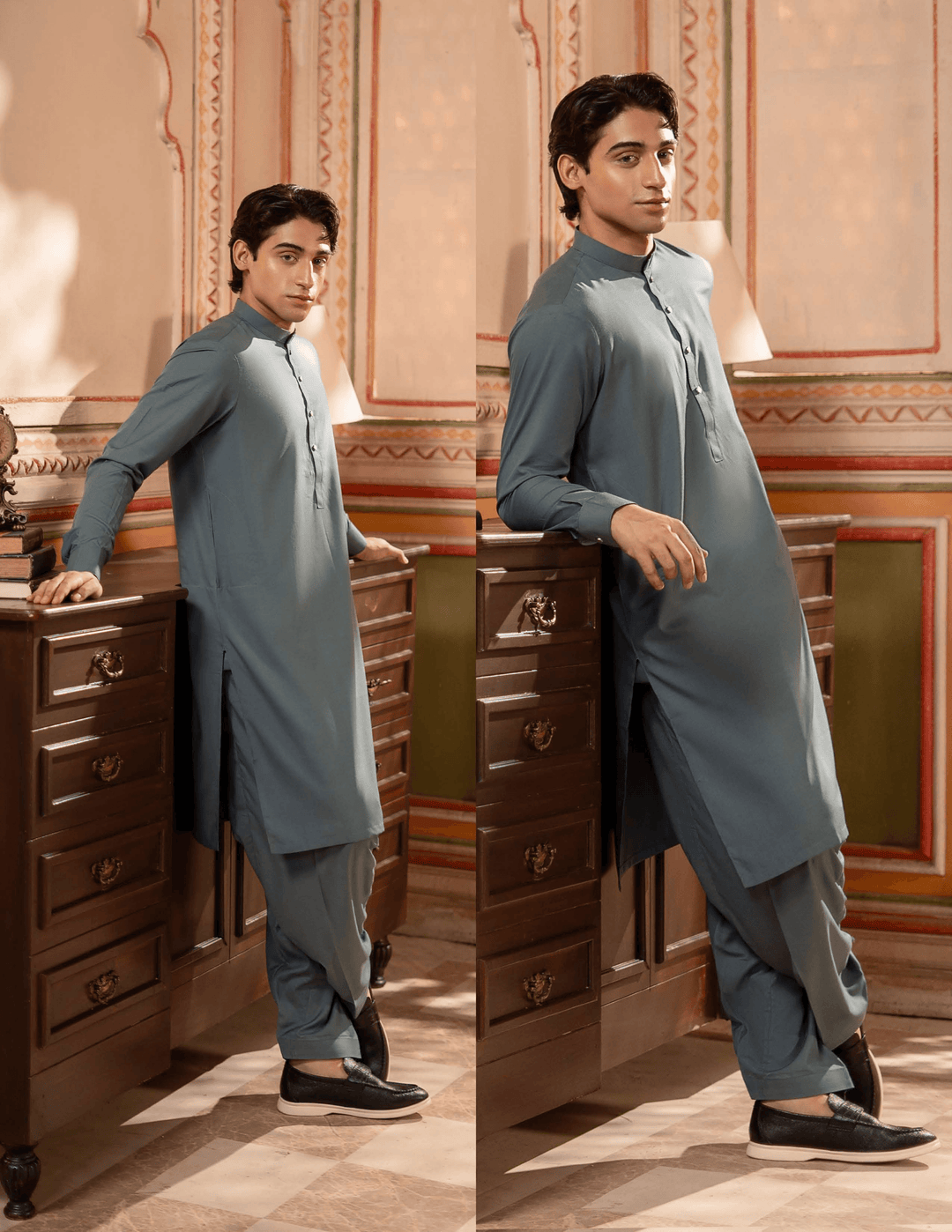 RANGREZA MA-94 shalwar kameez for men styled in a relaxed indoor setting, highlighting the elegant fit and breathable material.