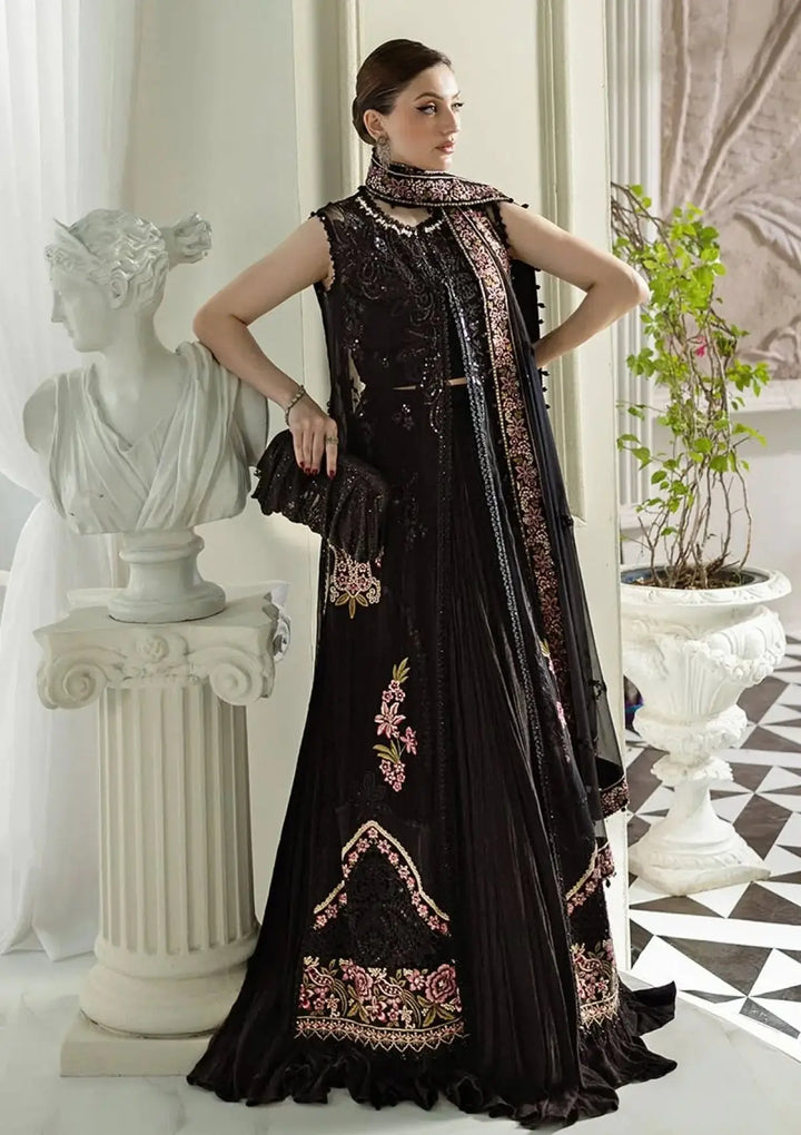 Elegant RANGREZA | AL-4359 3-piece set with sleeveless embroidered chiffon shirt, flared trousers, and floral dupatta in Pakistani brands clothing.