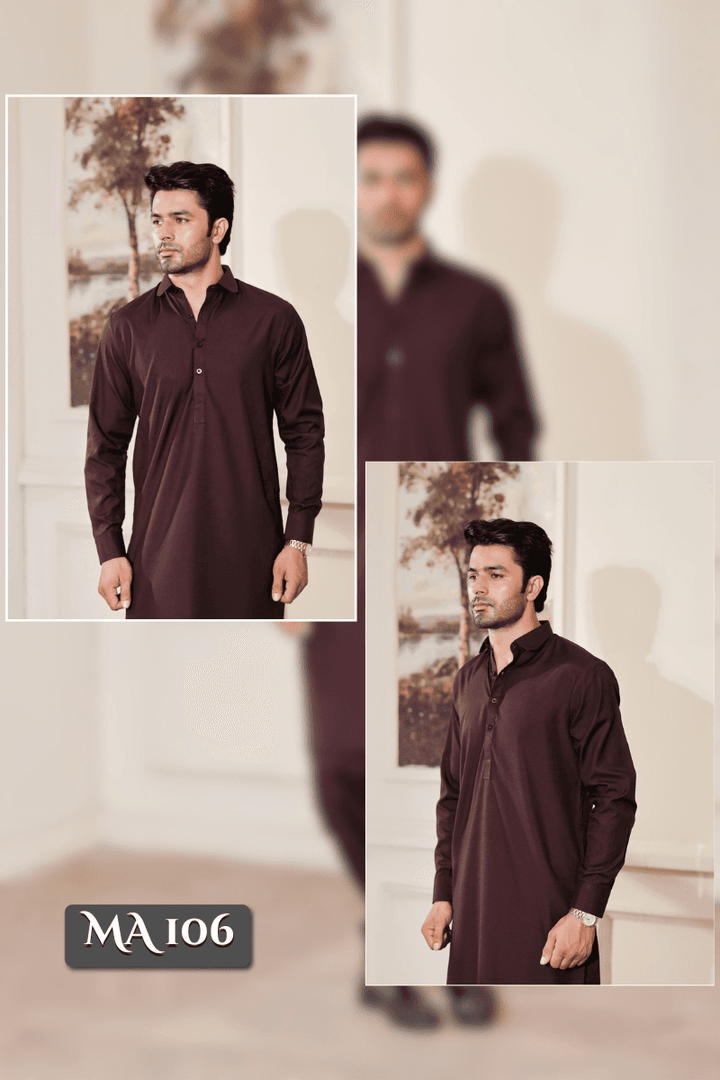 EXCLUSIVE KAMEEZ SHALWAR - Maroon MA-106 displayed in dual angles, emphasizing premium Wash N Wear fabric and elegant traditional styling for men.