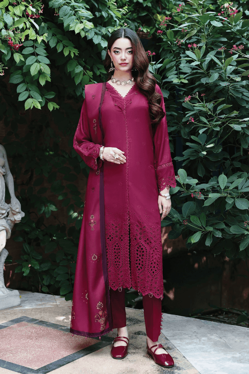 RANGREZA AL-1131 Pakistani womens clothes set with chikankari shirt, matching trousers, and dual-sided wool shawl in deep maroon.