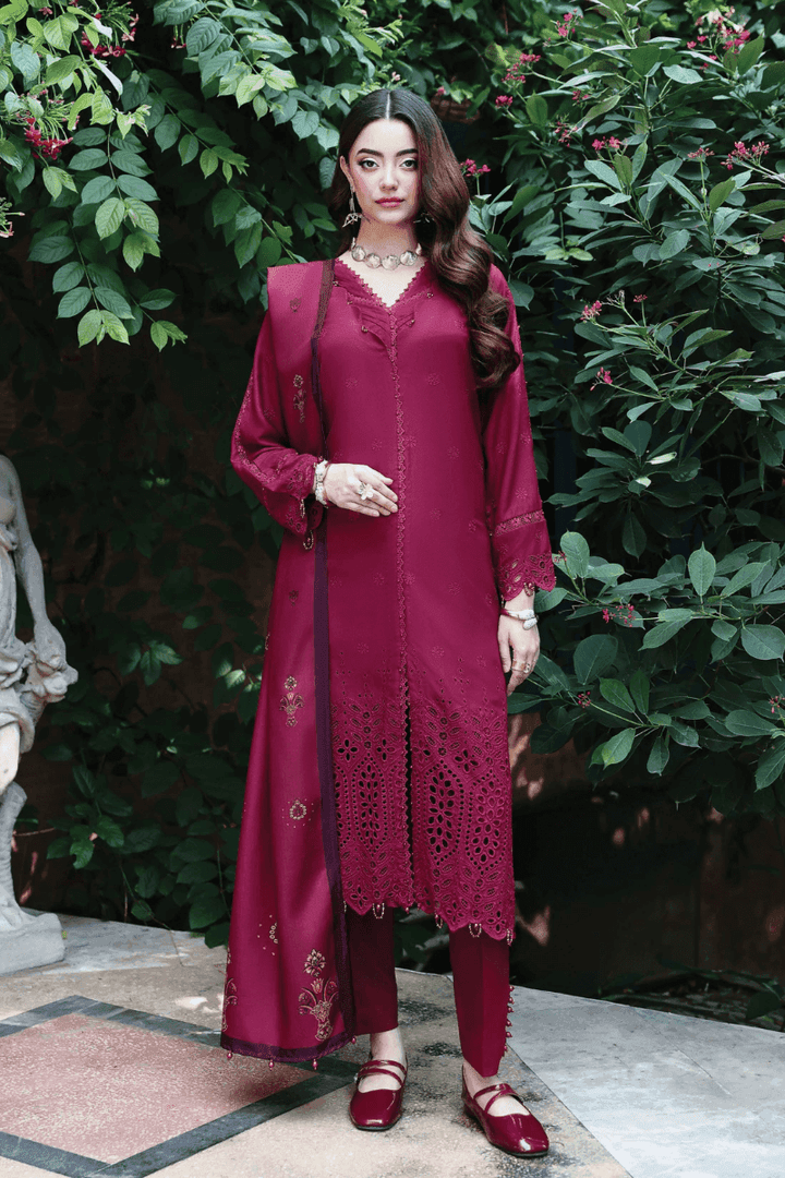 RANGREZA AL-1131 Pakistani womens clothes set with chikankari shirt, matching trousers, and dual-sided wool shawl in deep maroon.