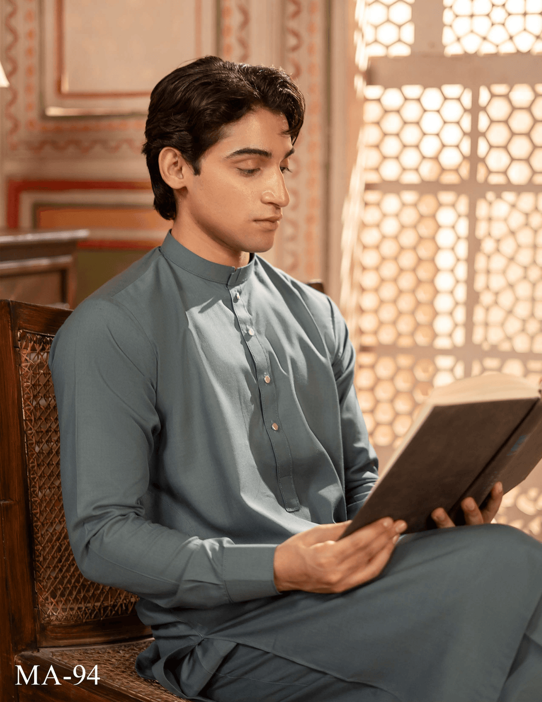 Close-up of RANGREZA MA-94 pakistani shalwar kameez for men, showing fine stitching and soft fabric, perfect for everyday comfort.