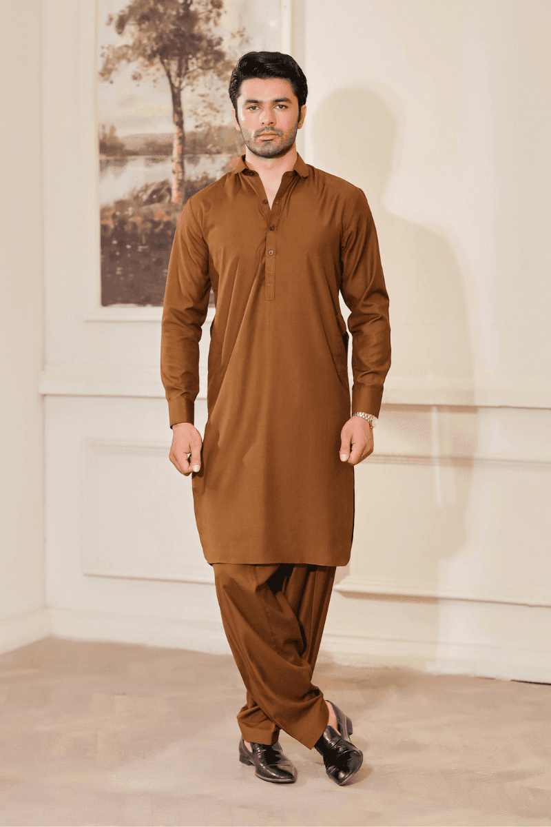 Shop Men Kameez Shalwar Brown Wash N Wear Fabric MA-107 featuring a classic straight-cut design with buttoned neckline, ideal for formal occasions.