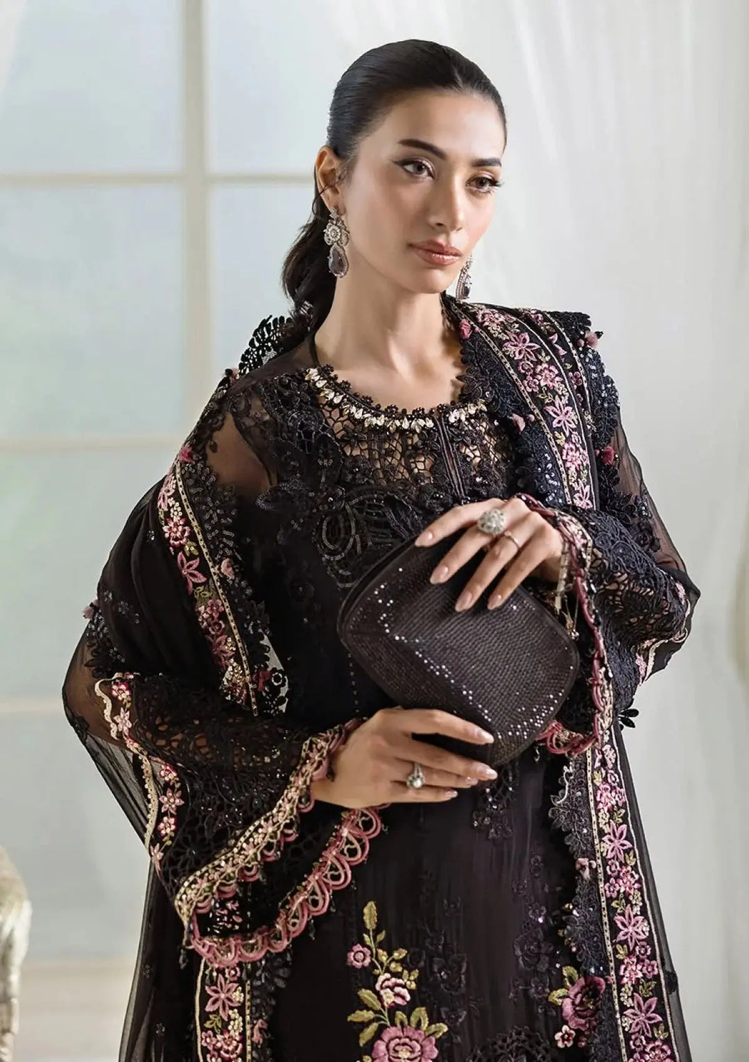 Close-up of RANGREZA | AL-4359 black chiffon shirt with intricate embroidery, paired with matching dupatta and accessories from Pakistani brands.