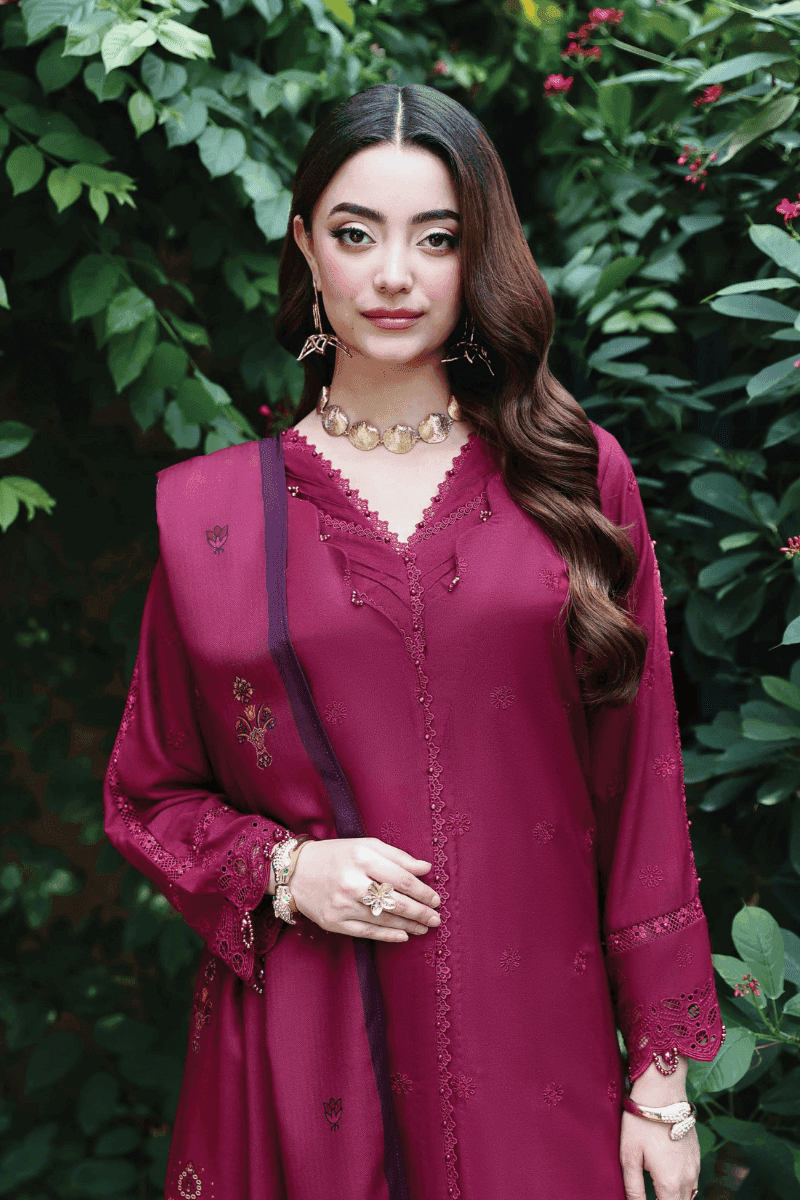 Front view of RANGREZA AL-1131 Pakistani outfit featuring embroidered maroon shirt, delicate lacework, and matching accessories.