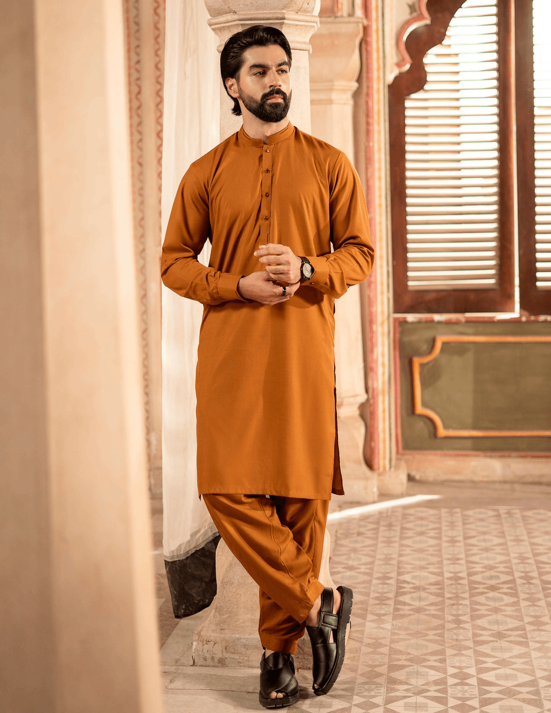 RANGREZA | MA-96 mens eid clothing in mustard kameez shalwar, ideal festive wear for traditional events and family gatherings.