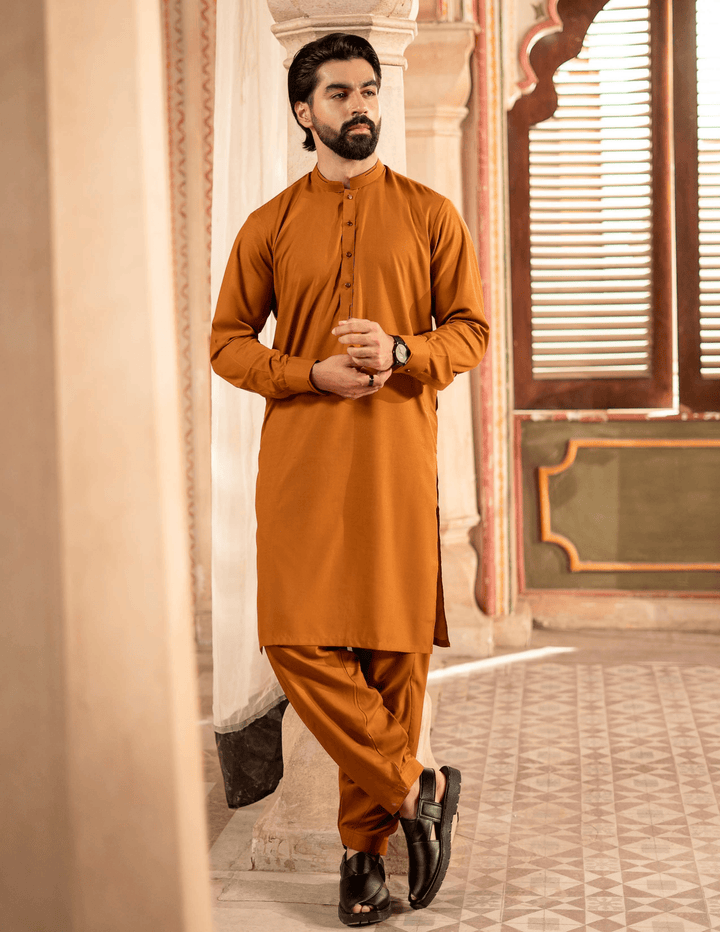 RANGREZA | MA-96 mens eid clothing in mustard kameez shalwar, ideal festive wear for traditional events and family gatherings.