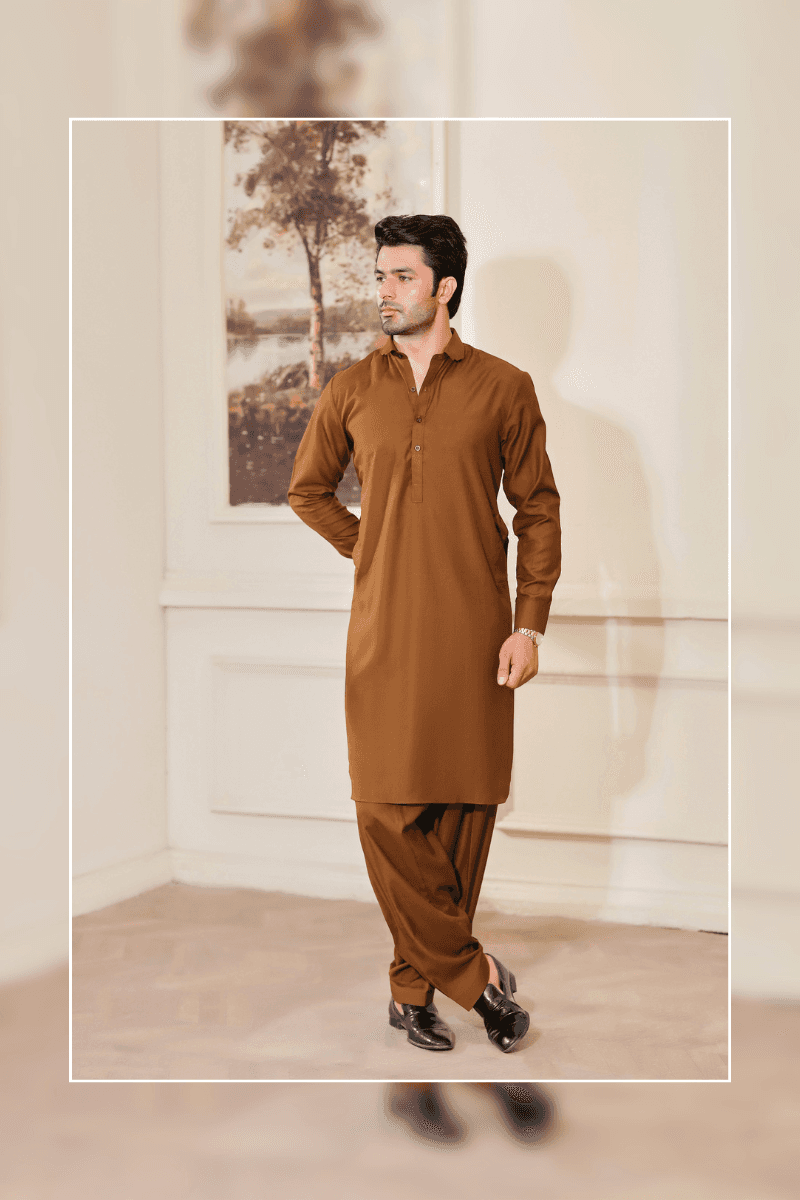 Men's brown kameez shalwar MA-107 in wash n wear fabric, styled for a modern traditional look, perfect for festive and everyday wear.