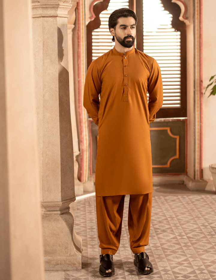 Stylish mustard RANGREZA | MA-96 kameez shalwar set for men, perfect for Eid and festive occasions in premium traditional wear.
