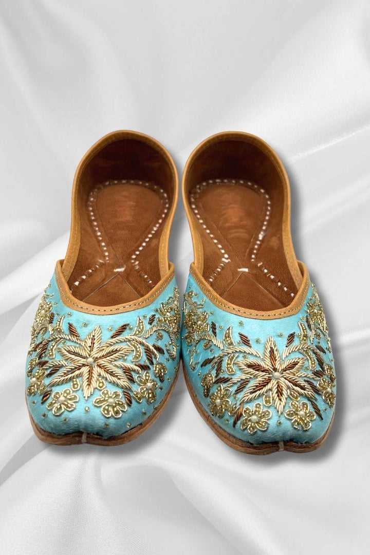 Sundas Jutti - Handmade Khussa Bridal Flats in sky blue with intricate pearl and crystal embroidery, ideal for weddings and festive wear.