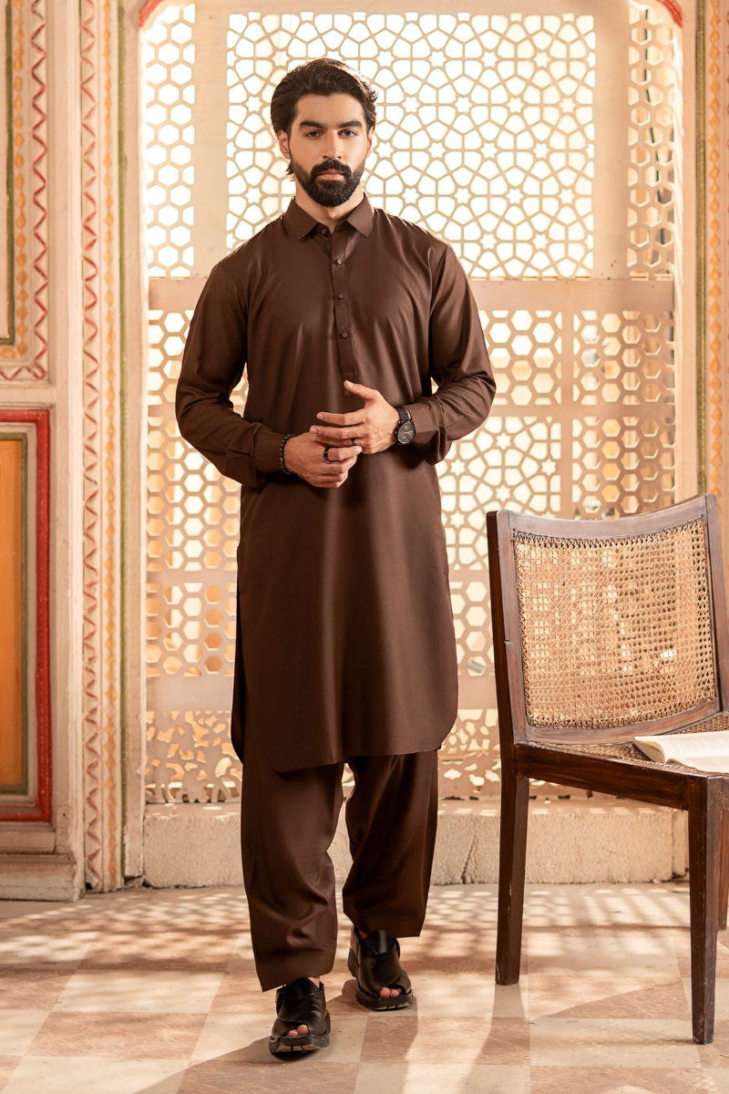 RANGREZA | MA-99 gents shalwar kameez in brown, ideal for events. Features a classic fit with full sleeves and traditional collar.