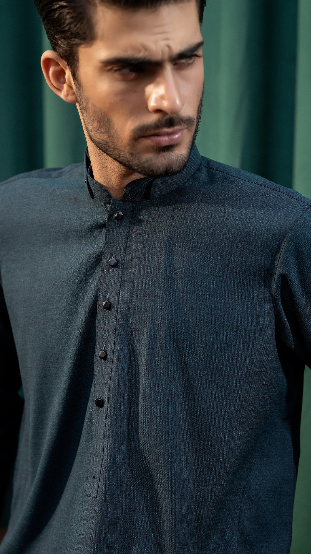 Detailed view of Men By Rangreza MA-05-55 kurta fabric and button placket, emphasizing craftsmanship and design.