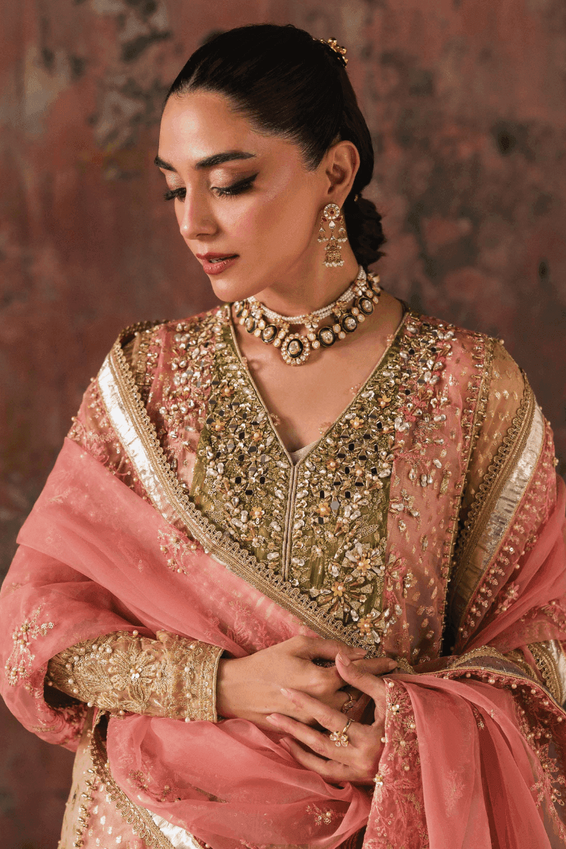 Close-up of RANGREZA AL-4269 PHOOL showing intricate adda work, sequins, and naqshi on organza fabric for mehndi wear.