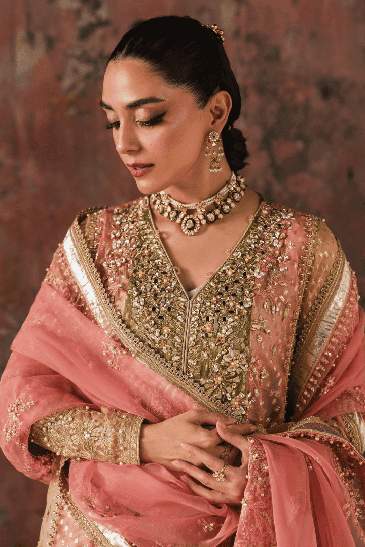 Close-up of RANGREZA AL-4269 PHOOL showing intricate adda work, sequins, and naqshi on organza fabric for mehndi wear.