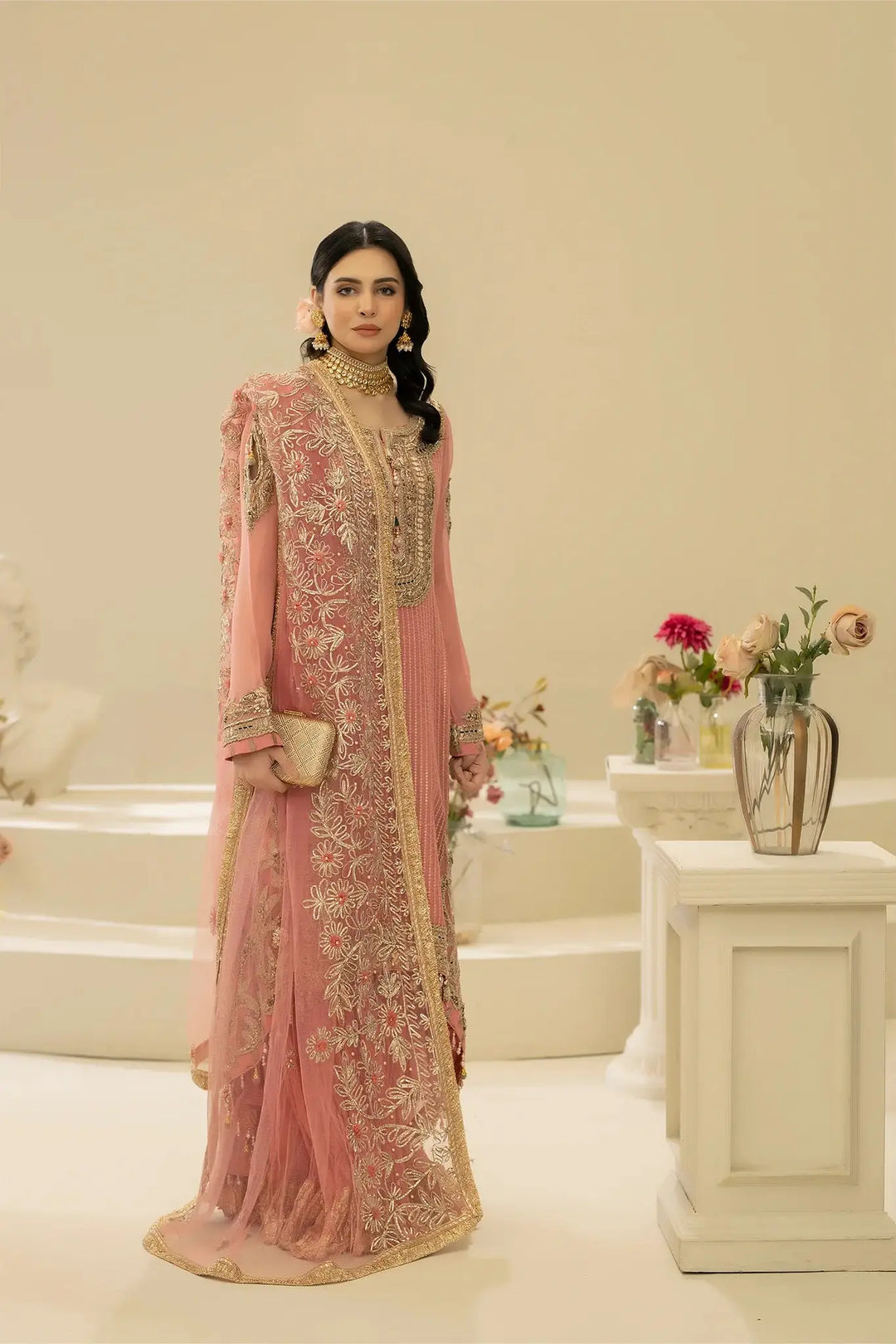 Pakistani brand clothes KHUDA BAKSH M-109 Pink featuring detailed embroidery on shirt and dupatta, ideal for festive occasions.