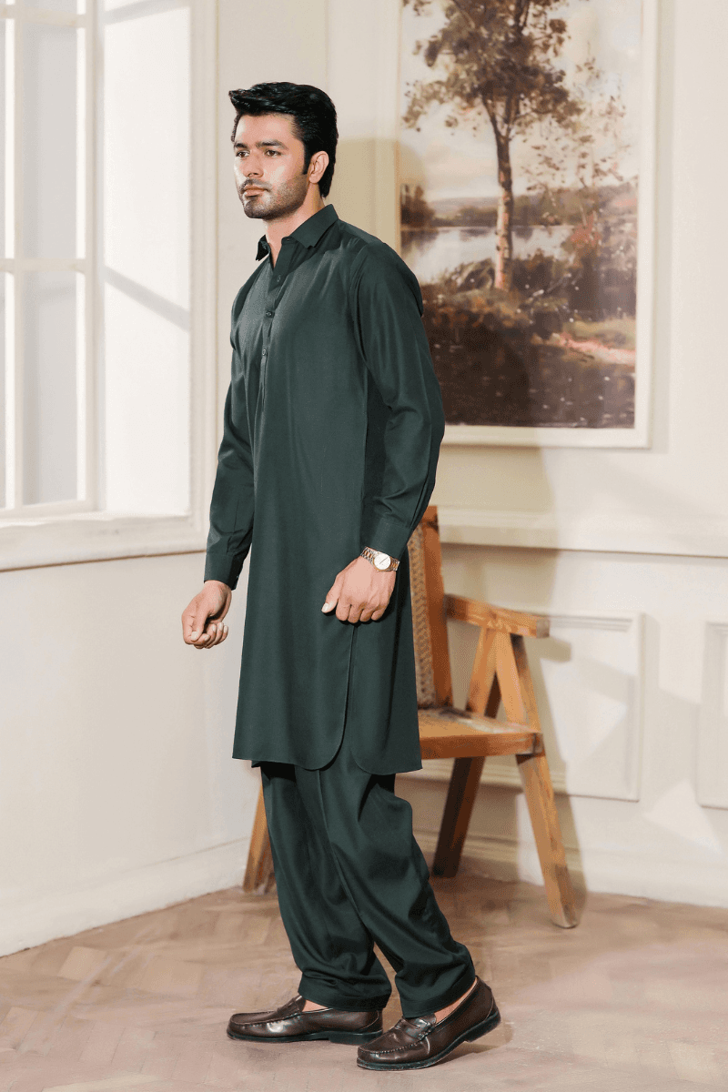 Men's Exclusive Green Shalwar Kameez MA-101 in blended fabric, styled with traditional tailoring and a modern slim fit for formal and casual wear.