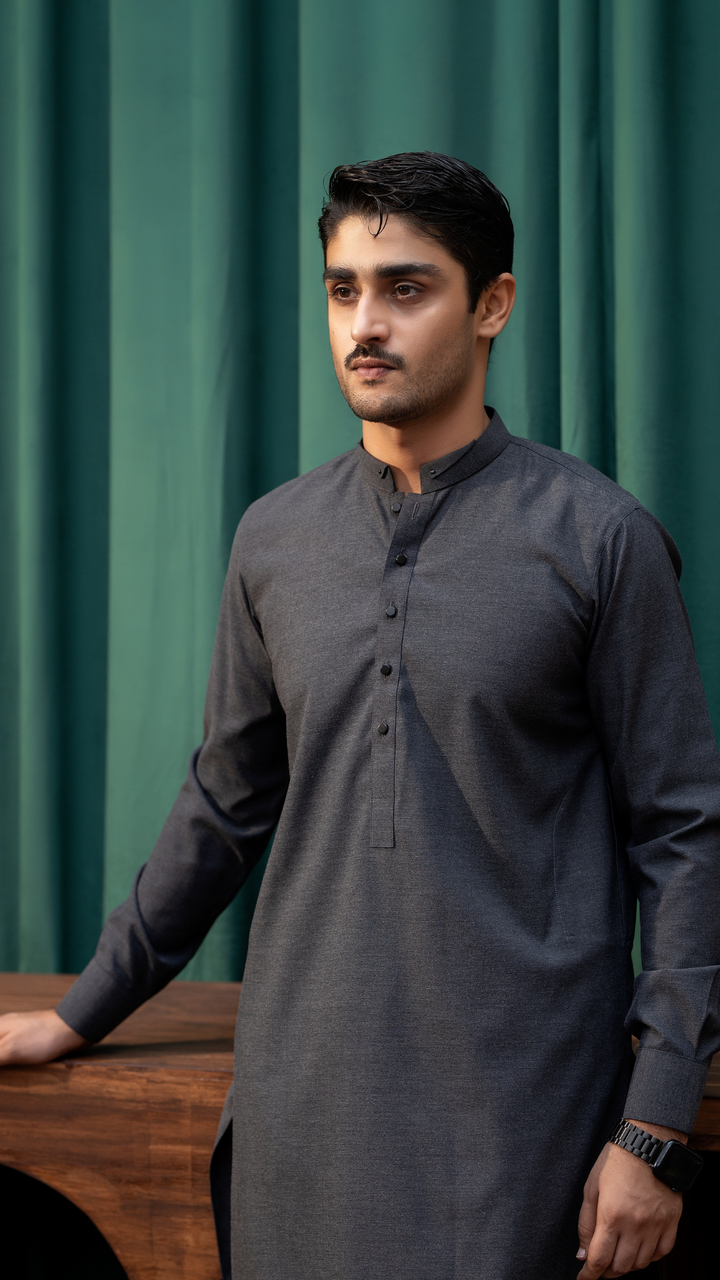 Close-up of dark grey men's kurta by Rangreza, MA-07-55, featuring a smart fit design with buttoned neckline.