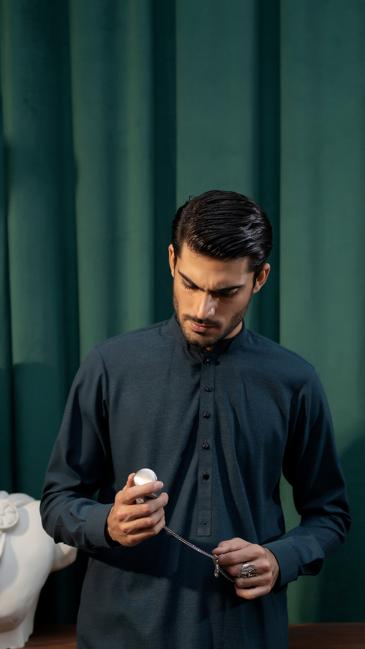 Close-up of Men By Rangreza MA-05-55 dark blue kurta with intricate button detailing, showcasing premium fabric texture.