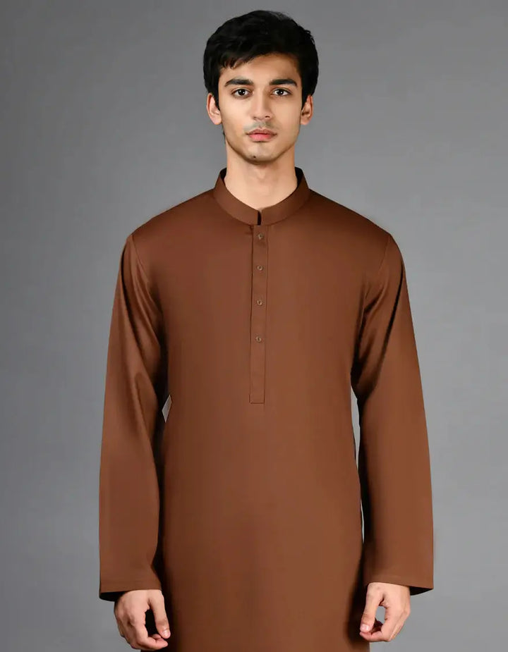 Close-up of JJKP-A-47006-R10 brown kurta showcasing buttoned placket and collar detail, part of men's regular fit 2-piece kurta shalwar set.