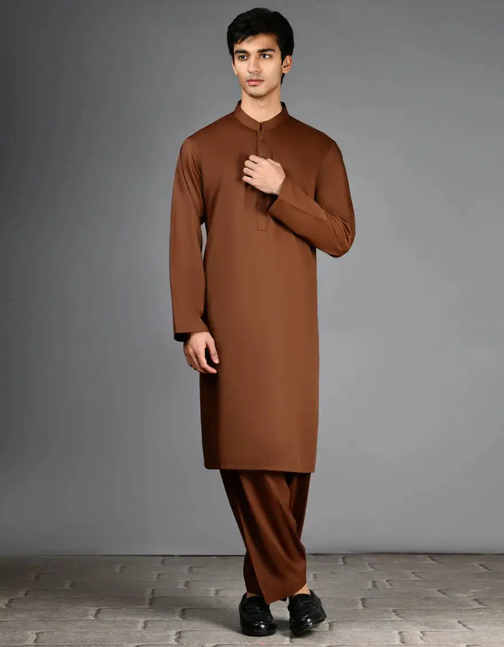 JJKP-A-47006-R10 brown kurta shalwar 2-piece set for men in regular fit, featuring a sleek traditional design from New Arrivals '25 collection.
