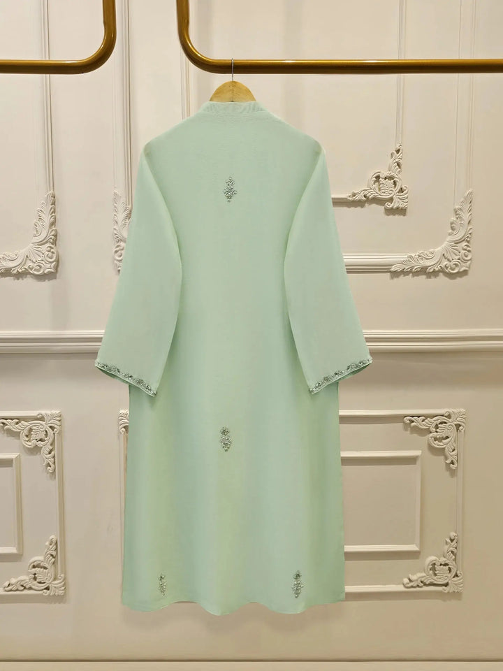 Back view of Agha Noor 3 Piece Cotton Net Suit showcasing minimal embroidery and elegant tailoring in soft mint green.