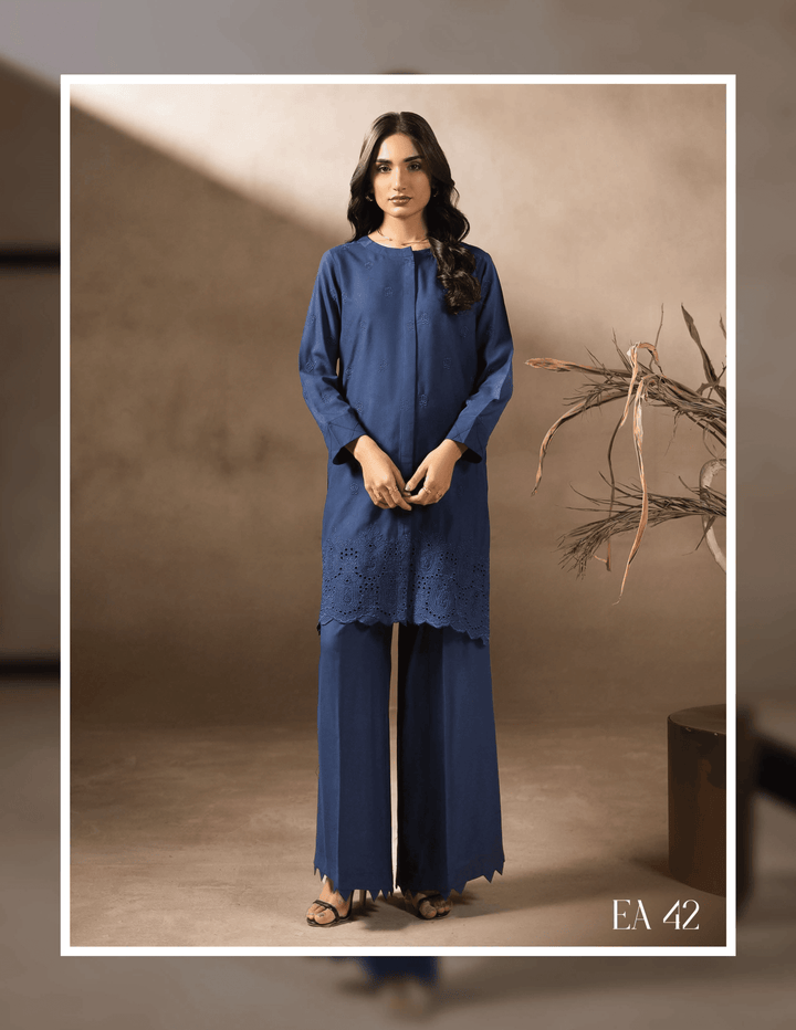 RANGREZA stitched Pakistani two piece suit EA-42-38 in navy blue with embroidered straight-cut kurta and wide-leg trousers, ideal for casual winter wear.