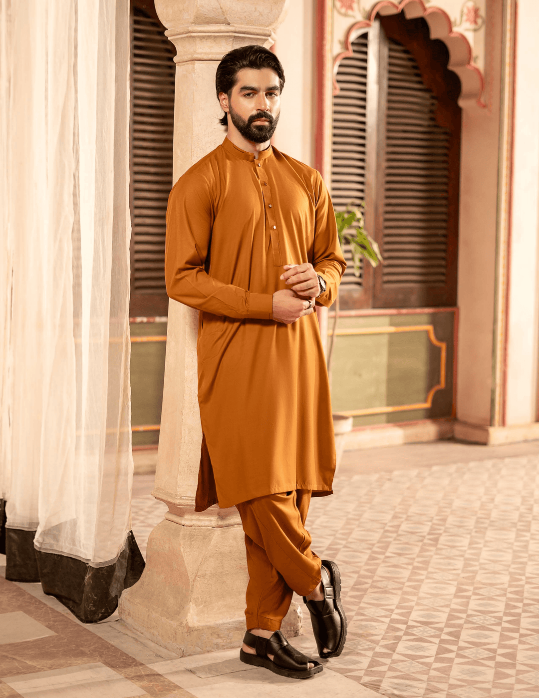 Elegant RANGREZA | MA-96 mustard kameez shalwar for men, designed for Eid celebrations and formal cultural attire.