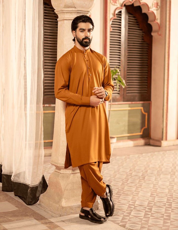 Elegant RANGREZA | MA-96 mustard kameez shalwar for men, designed for Eid celebrations and formal cultural attire.