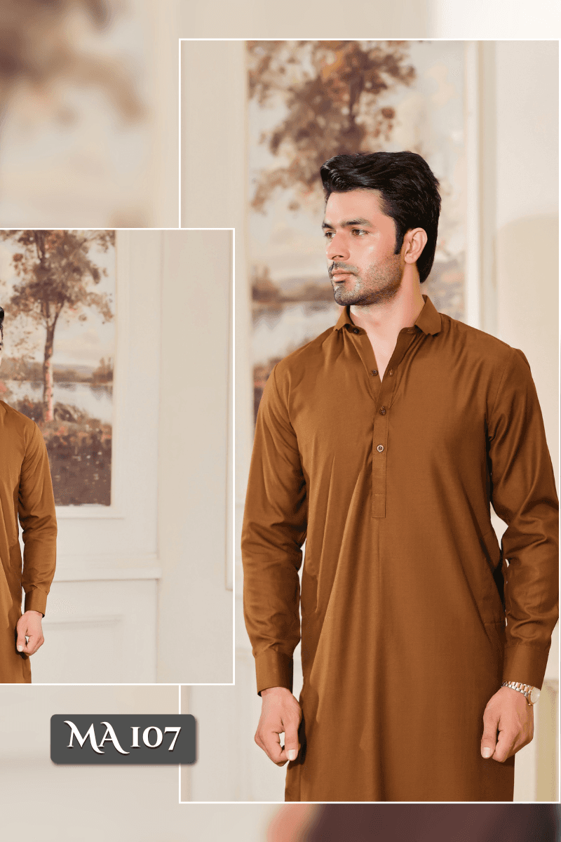 Close-up of Men Kameez Shalwar Brown MA-107 highlighting the fine stitching and buttoned placket, crafted in wash n wear fabric for comfort and style.