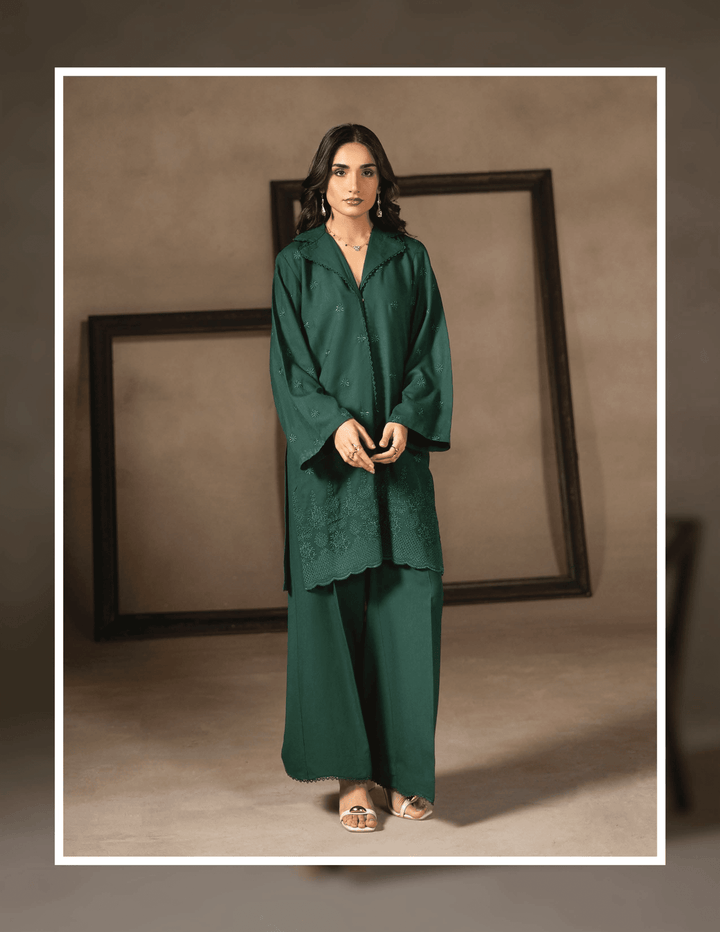 RANGREZA EA-49-3804 Pakistani women two piece in deep green with embroidered straight kurta and matching trousers, ideal for daily winter wear.