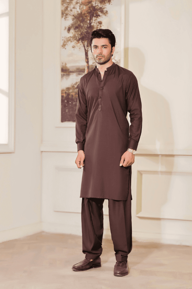 Buy Gents Shalwar Kameez MA-108 in dark brown wash n wear fabric, featuring a classic straight cut and traditional neckline. Ideal for Pakistani men's formal wear.