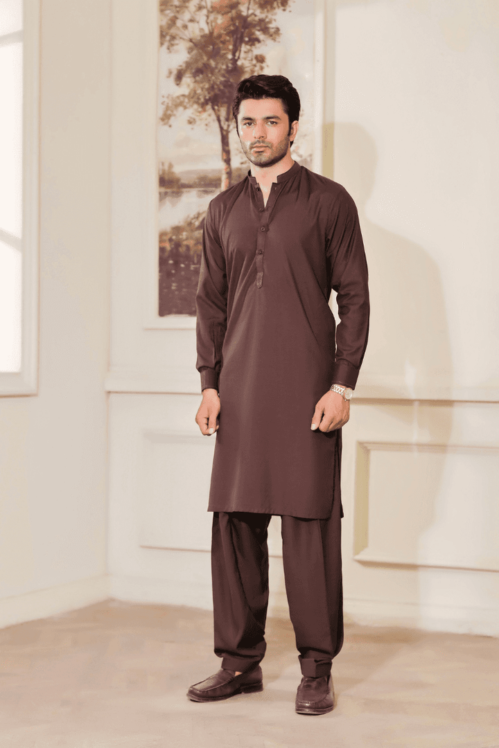 Buy Gents Shalwar Kameez MA-108 in dark brown wash n wear fabric, featuring a classic straight cut and traditional neckline. Ideal for Pakistani men's formal wear.