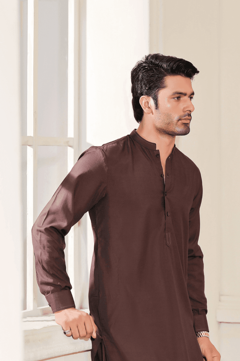 Close-up of dark brown Gents Shalwar Kameez MA-108 in wash n wear fabric, showcasing fine stitching and elegant collar design for men’s ethnic fashion.
