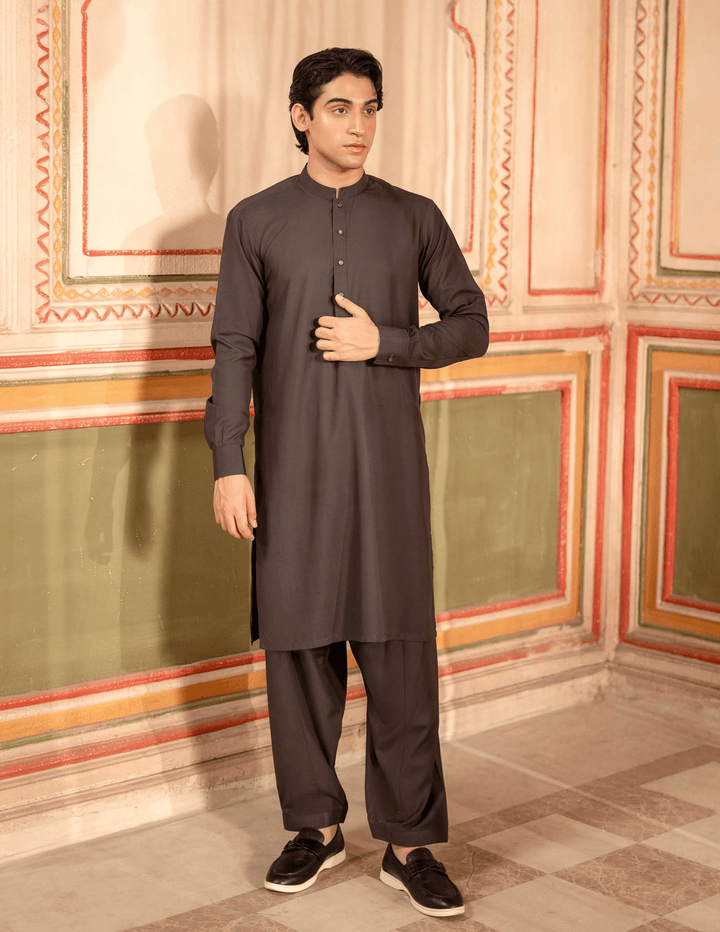 RANGREZA MA-97 shalwar kameeze in brown, featuring a regular fit kameez shalwar for men. Ideal for festive and casual gatherings.