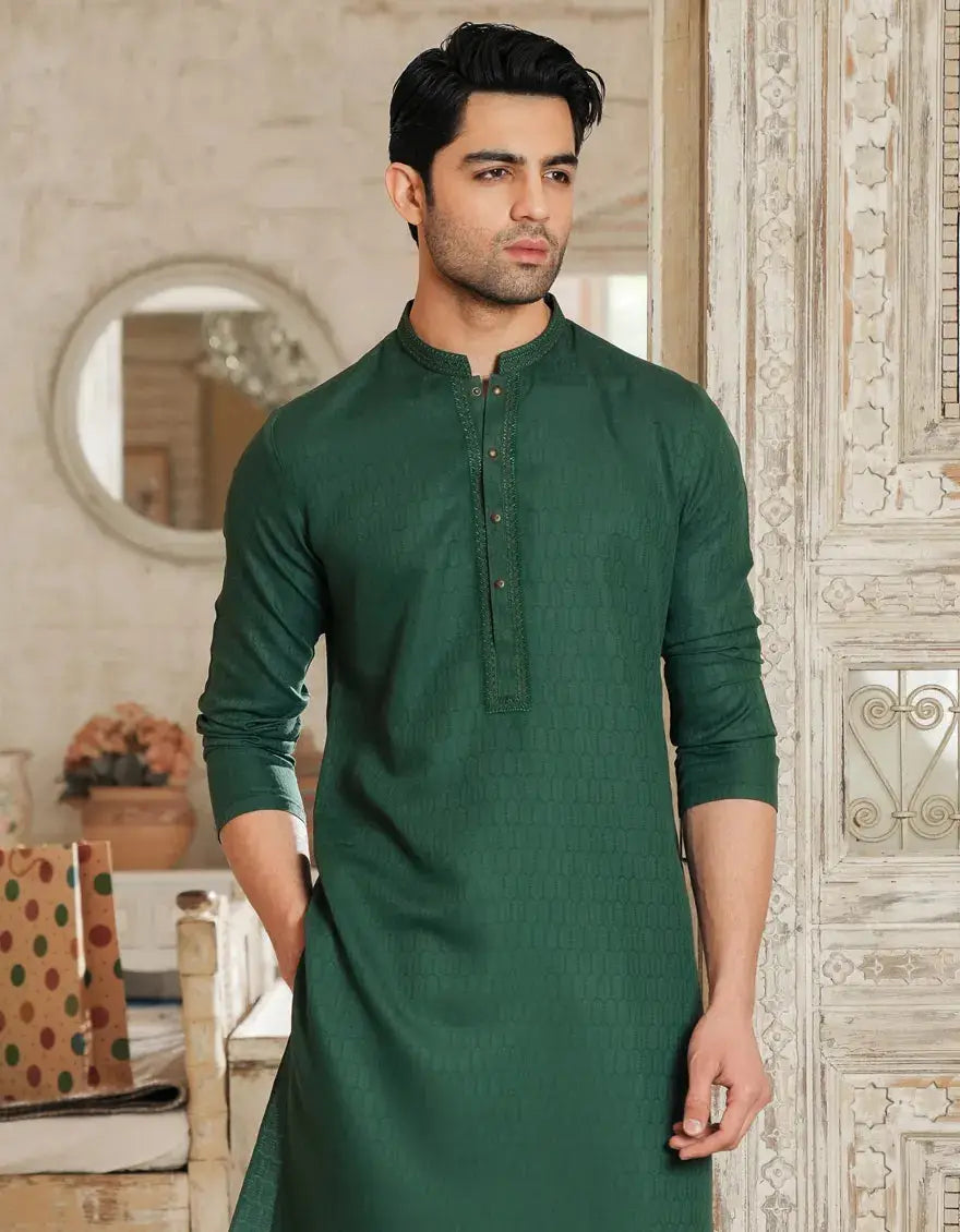 J. Green Blended Semi-Formal Kurta featuring a regular fit and buttoned placket, ideal for festive and semi-formal occasions.