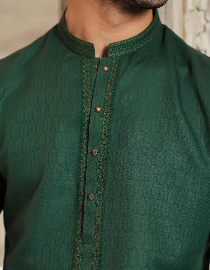 Close-up of Green Kurta collar and button detailing, showcasing textured fabric and fine embroidery for a refined festive look.