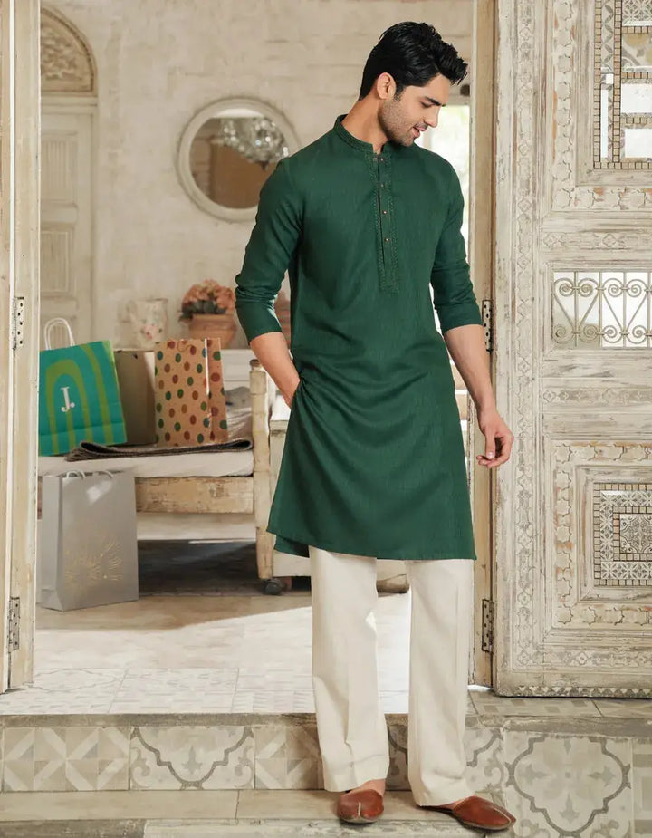 Semi-Formal Green Kurta from Festive Collection paired with off-white pants, perfect for traditional events and celebrations.