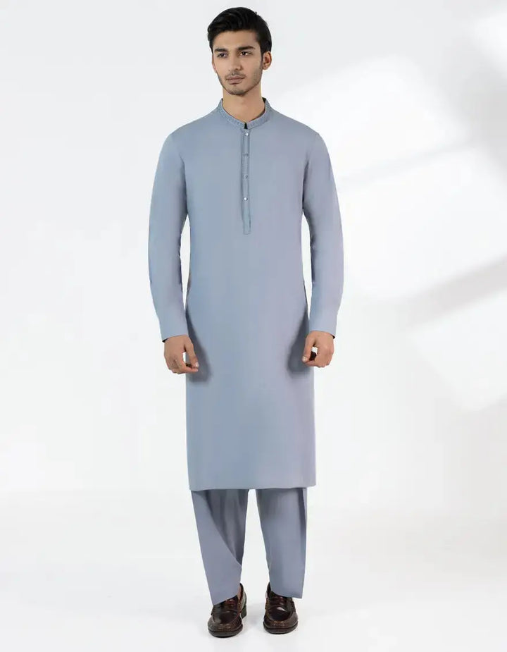 J. Light Grey Kameez Shalwar - Junaid Jamshed semi-formal outfit featuring a straight-cut design, ideal for traditional and formal occasions.