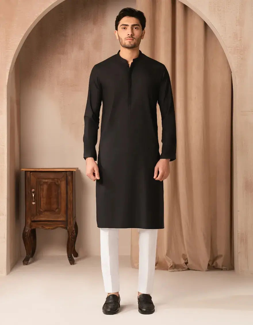 Full front view of black blended men's kurta in regular fit, paired with white trousers. Perfect semi-formal wear for modern style.