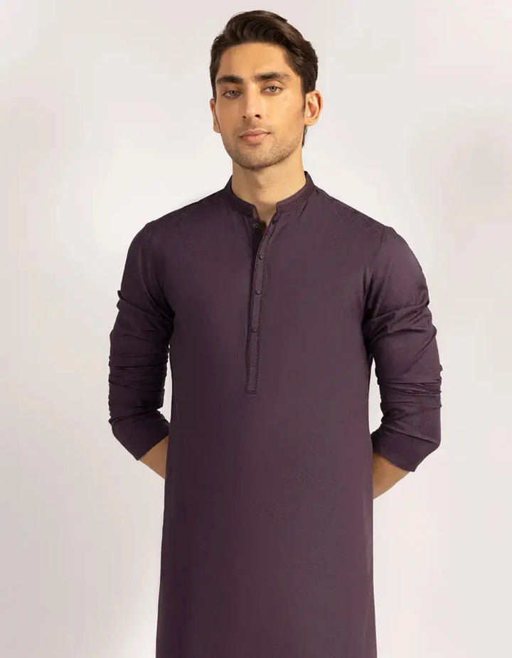 Purple Blended Semi-Formal Kurta by Junaid Jamshed featuring full sleeves and elegant textured fabric, perfect for traditional events.