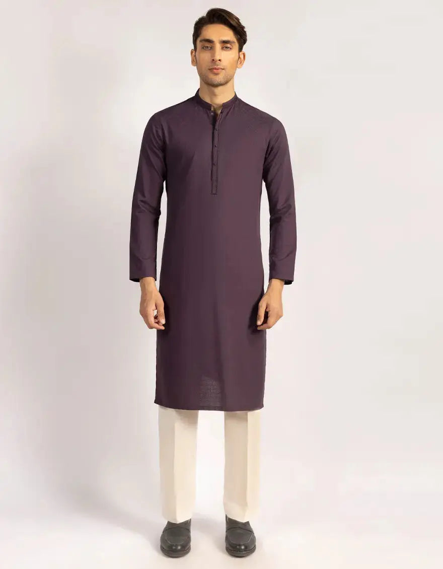 Purple J. Kurta - Junaid Jamshed Pakistani semi-formal shirt with straight cut and band collar, ideal for festive or formal wear.